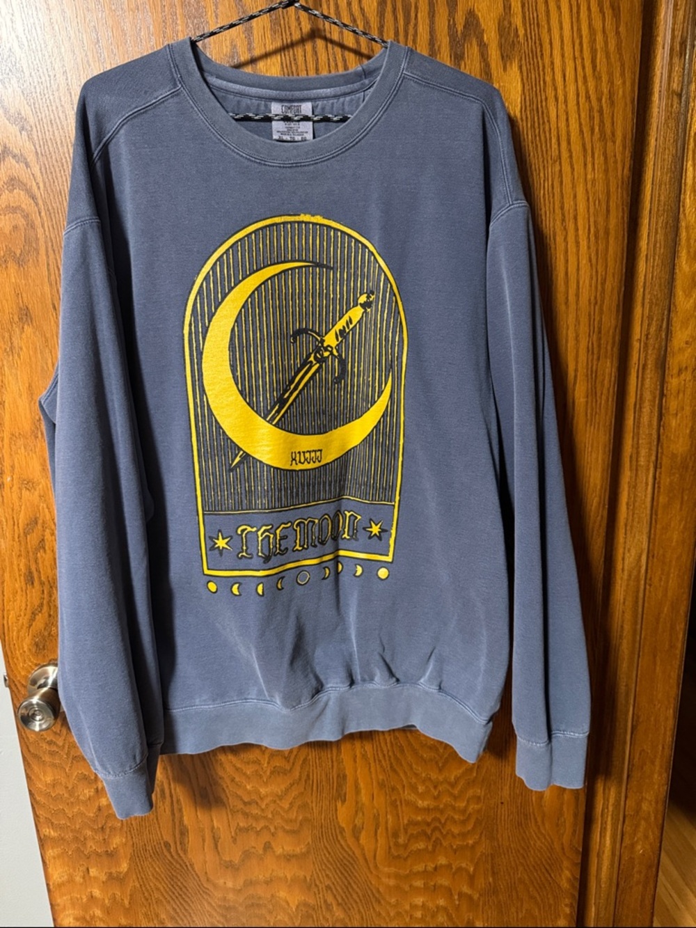 Men's Blue Graphic Crewneck Sweater with Yellow Moon Print
